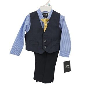 TFW Suit Outfit Boys 6-9 Months Blue Vest Pants Shirt Tie Formal 4‎ Piece Set